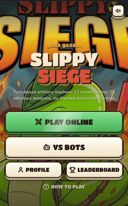 The main menu screen of a mobile game titled "SLIPPY SIEGE," featuring a green snake character and buttons to "PLAY ONLINE," "VS BOTS," "PROFILE," and "LEADERBOARD."