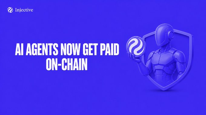 The image features a blue shield with an AI agent holding a ball inside of it, surrounded by text that reads "AI Agents now get paid on-chain". The background color of the image is blue, which complements the shield and the text. The main focus of the image is the AI agent holding the ball within the shield, symbolizing the concept of AI agents being used as economic actors in a digital economy.