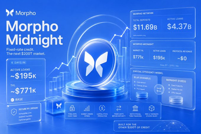 A Morpho Midnight promotional dashboard shows the fixed-rate credit market at 6 days post-launch on Base, with ~$195k in active loans against ~$771k TVL and ~$0 protocol revenue, set against the broader Morpho Network's $11.69B total deposits and $4.37B active loans. The image visualizes the "thin start" metrics highlighted in the post, emphasizing the gap between Morpho Midnight's early adoption and its $200T credit market ambitions.