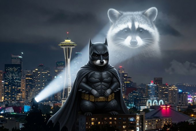 A raccoon dressed as Batman perches on a rooftop overlooking Seattle's illuminated skyline, with the Space Needle in the background and a large spectral raccoon face glowing in the night sky—bringing Jimothy's "silent guardian" persona to life as Gotham's whiskered vigilante keeping watch over the city.
