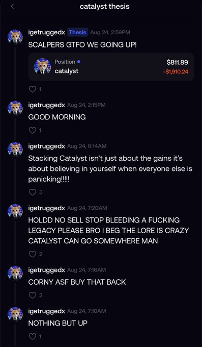 A Discord user named "igetruggedex" posts a series of bullish messages about "$catalyst," including "SCALPERS GTFO WE GOING UP!" with a position showing -$1,910.24 in losses at $811.89, alongside encouraging posts like "HOLD NO SELL STOP BLEEDING" and "NOTHING BUT UP," reflecting their commitment to buying more despite the significant red position.