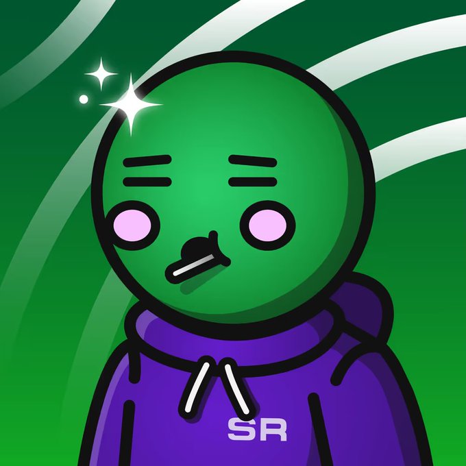 A cartoon green alien-like character with a worried expression wearing a purple hoodie with 'SR' printed on it, set against a green background with sparkle effects.