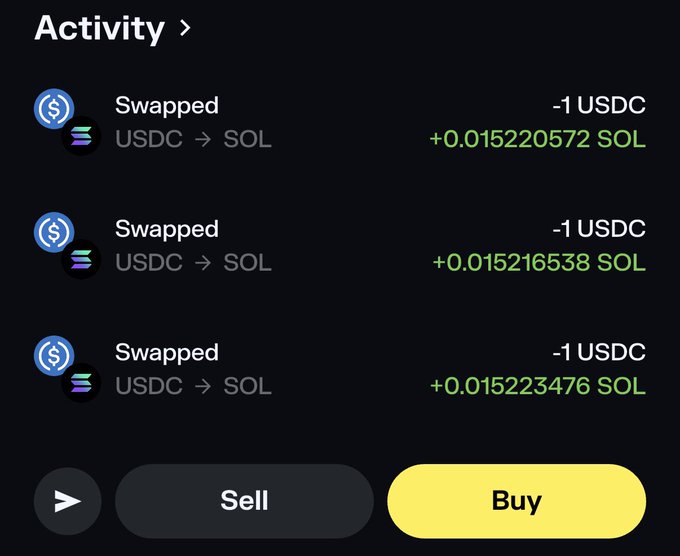The image shows a screen displaying three different types of cryptocurrency, each with its own value. The first type has a value of 0.75, the second one is 1.00, and the third one is 0.85. These values are displayed in USDC format. The screen also includes options to buy or sell these cryptocurrencies, as well as information about the current market price for each coin.