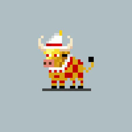 A pixel art illustration of a Minotaur character with a red nose ring, wearing red and gold patterned clothing, set against a plain gray background.
