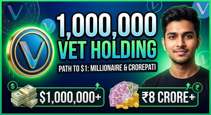 YouTube-style thumbnail for '1,000,000 VET HOLDING - PATH TO $1: MILLIONAIRE & CROREPATI' featuring a man alongside VET (VeChain) coin imagery, promising $1,000,000+ and ₹8 Crore+ in returns.