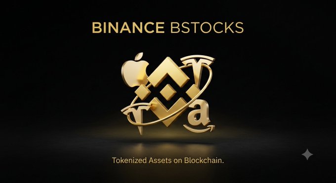 A promotional graphic for "BINANCE BSTOCKS" with the tagline "Tokenized Assets on Blockchain," featuring gold 3D logos of Apple, Tesla, and Amazon arranged around a central Binance emblem on a black background, visually illustrating the concept of tokenized shares of major public companies on the blockchain.