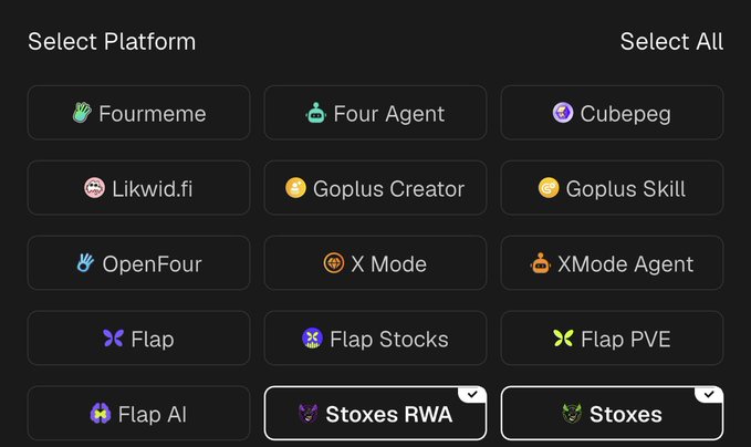 A 'Select Platform' menu displaying options including Fourmeme, Four Agent, Cubepig, Likwid.fi, Goplus Creator, Goplus Skill, OpenFour, X Mode, XMode Agent, Flap, Flap Stocks, Flap PVE, Flap AI, Stoxes RWA, and Stoxes.