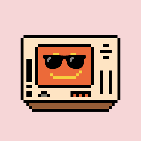 A pixel art illustration of a retro computer or monitor with an orange screen displaying a smiling face wearing sunglasses.