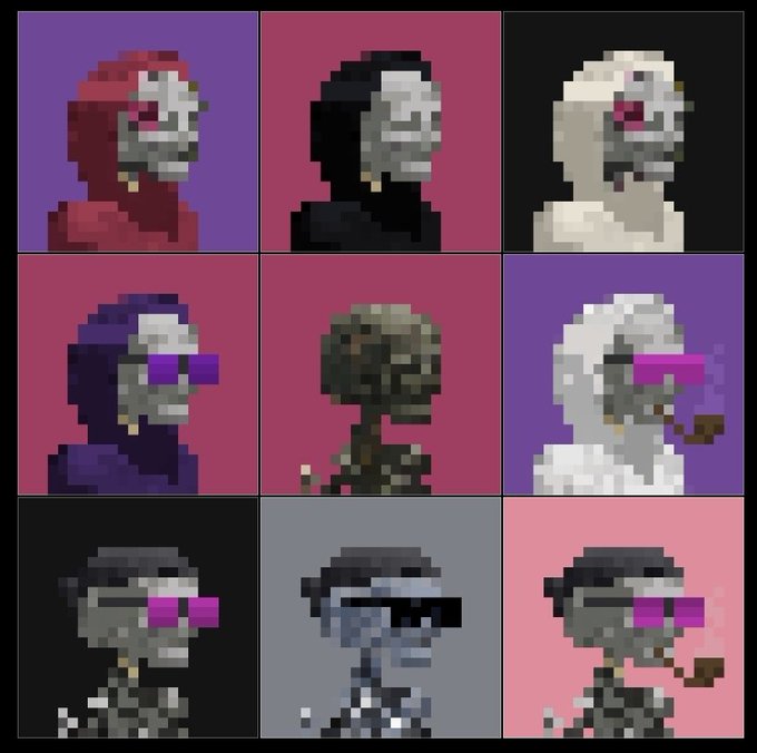 A 3x3 grid of pixel art portraits features a hooded, skull-like figure rendered in nine different color palettes, with accessories like pink sunglasses and a pipe added to some versions. The image relates to the post "My updated crew" by showcasing the artist's varied character redesigns or color variations of the same base figure.