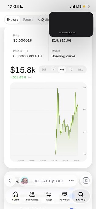 A mobile cryptocurrency tracking app displays a token's price at $15.8k (up 201.89% in 6h), with a market cap of $15,813.06, a bonding curve market type, and a price in ETH of 0.00000001.