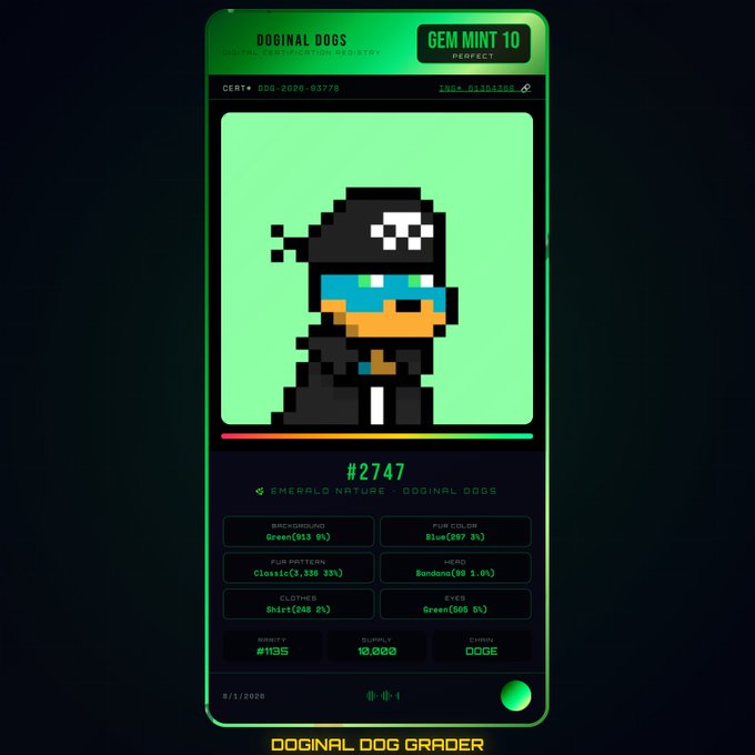 Doginal Dogs NFT certificate card #2747 featuring a pixel-art dog in pirate attire, graded 'GEM MINT 10 PERFECT' with trait details including Bandana(99 1.0%) and rarity #1195.