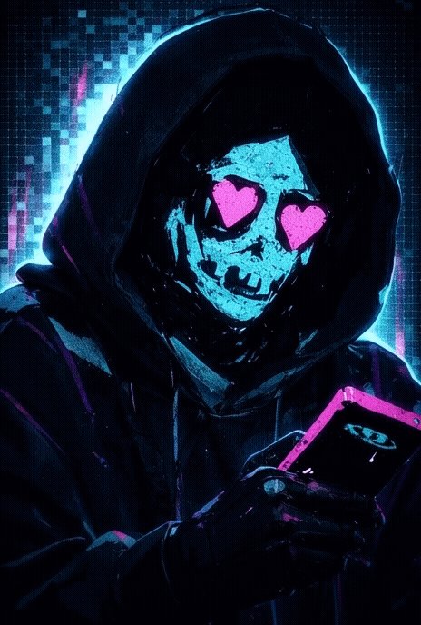 The image features a person wearing a hoodie with pink heart-shaped glasses, holding a cell phone up to their face as if they are texting or using an app. The background of the image is dark blue, which contrasts with the bright colors of the person's outfit and the phone. The post seems to be a tribute to the artist XCOPYART, who has created this digital art piece that combines elements of fashion and technology.