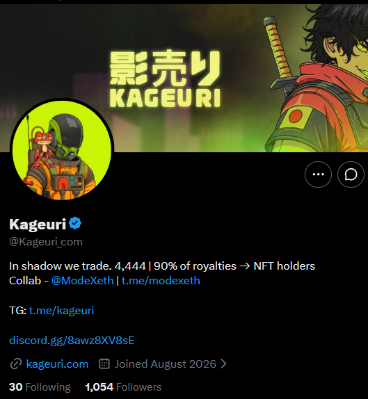 A Twitter/X profile page for the verified account "Kageuri" (@Kageuri_com) features anime-style artwork with a sword-wielding character in red and the text "影売り KAGEURI," displaying 1,054 followers and promoting a 4,444-supply NFT project with 90% royalties going to holders.