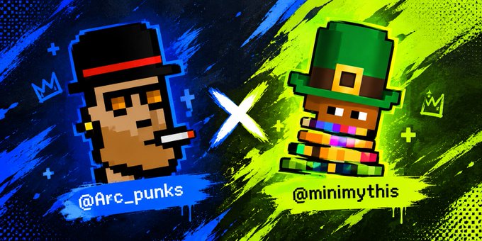 Promotional artwork showcasing a collaboration between NFT projects, featuring a pixel-art character labeled '@Arc_punks' on a blue background and a stacked character labeled '@minimythis' on a green background, separated by an 'X'.