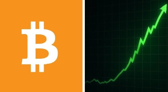 The image shows the Bitcoin logo alongside a green upward-trending graph, illustrating the cryptocurrency's rising value and potential for wealth accumulation as suggested by the accompanying post.