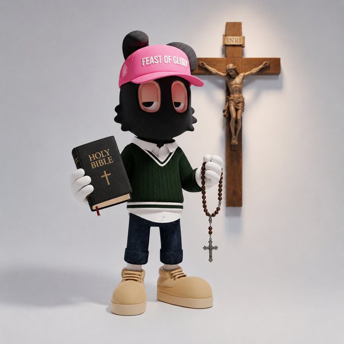 A 3D-rendered black cartoon character wears a pink 'FEAST OF GLORY' cap, holding a 'HOLY BIBLE' and rosary beads, with a crucifix mounted on the wall behind.