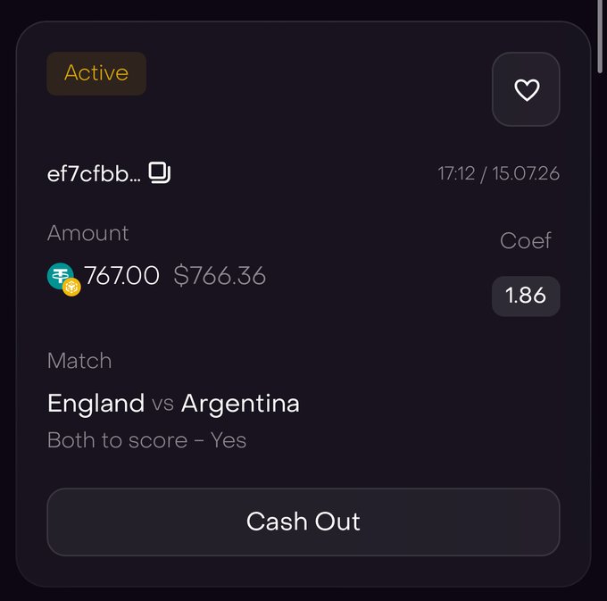 A betting interface on Dexsport shows an active wager of 767.00 (₮767 / $766.36) with a coefficient of 1.86 on the England vs Argentina match, betting that both teams will score, with a "Cash Out" option available.