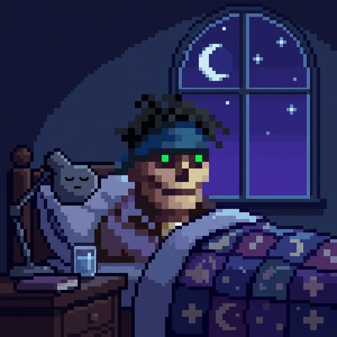 Pixel art depicting a bearded character with glowing green eyes lying in bed under a purple patchwork quilt at night, with a cat sleeping nearby on the pillow and a crescent moon visible through the arched window.