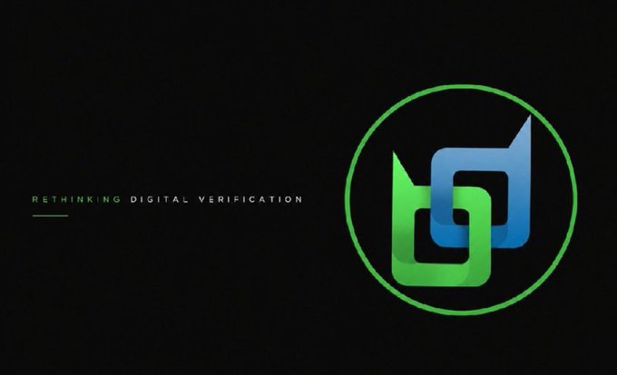 A dark promotional graphic with the text "RETHINKING DIGITAL VERIFICATION" and a large circular logo featuring interlocking green and blue geometric shapes.