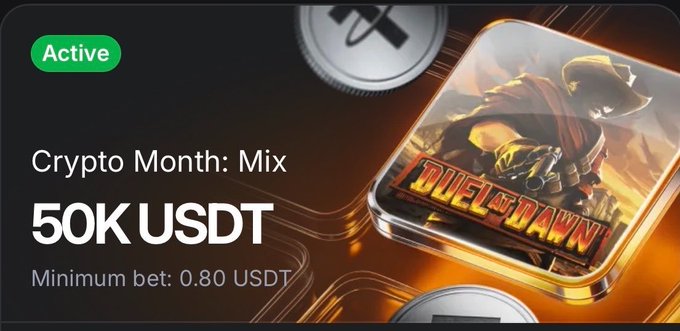 A promotional banner advertises an active "Crypto Month: Mix" tournament featuring a 50K USDT prize pool with a minimum bet of 0.80 USDT, showcasing the "Duel at Dawn" game by Hacksaw alongside a cowboy-themed character and coin graphics. The banner ties directly to the post's highlight of 1winPro's accessible tournament featuring 43 games from providers like Pragmatic Play and Hacksaw.