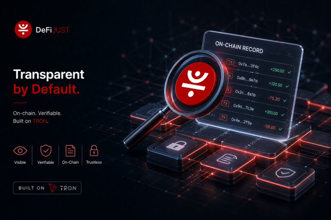 A promotional banner for DeFiJUST featuring the text 'Transparent by Default' and 'On-chain. Verifiable. Built on TRON', with a magnifying glass over on-chain transaction records.