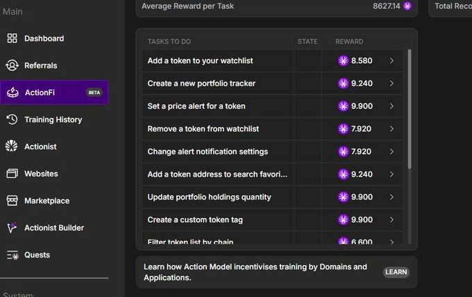 The image features a computer screen with a screenshot of a dashboard, including the Action Model AI feature. There are many icons placed throughout the dashboard that represent various elements related to software or web browsing services. One notable icon is a purple "Learning Hub" icon in front of the Action Model AI message, indicating some learning resources available for action model enthusiasts. Additionally, there's a button on the screen with a purple background and a silver star shape at the top right corner labeled "Action". The image also contains text that provides information about Action Model AI and how to use it.