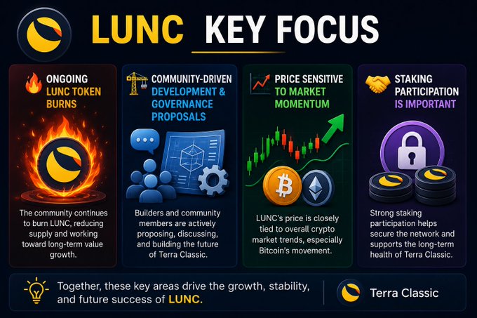 Infographic titled 'LUNC KEY FOCUS' highlighting four areas: token burns, community governance, price sensitivity, and staking participation for Terra Classic.