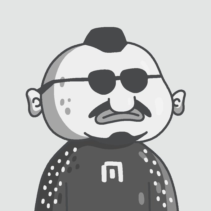 Cartoon-style grayscale illustration of a man wearing round sunglasses, a small mustache, a skull ring, and a shirt featuring the Abstract (ABS) NFT logo.