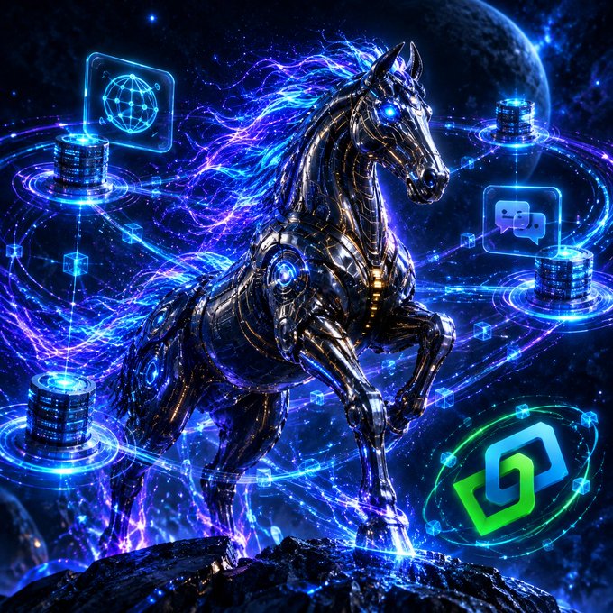 Digital artwork of a glowing mechanical horse surrounded by blue energy, blockchain icons, and a green logo on a cosmic background.