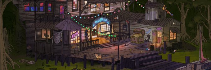 An illustration of a wooden building complex decorated with string lights at night, featuring a sign that reads "RAGYE" above a central porch.