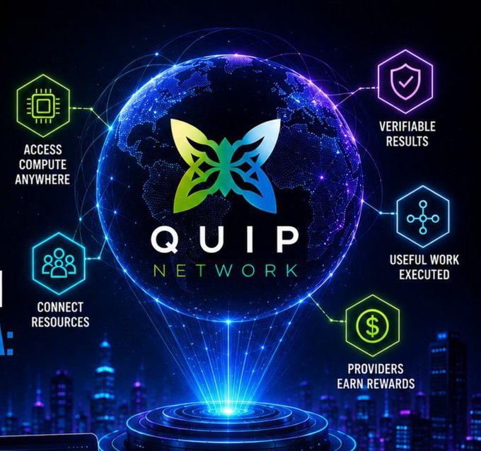 A promotional graphic for the Quip Network, featuring a holographic globe with the Quip butterfly logo at its center, surrounded by feature icons highlighting "Access Compute Anywhere," "Verifiable Results," "Connect Resources," "Useful Work Executed," and "Providers Earn Rewards." The image visually reinforces the post's message about user custody by showcasing Quip Network's decentralized architecture, where users retain control of their assets while accessing distributed compute resources and earning rewards.