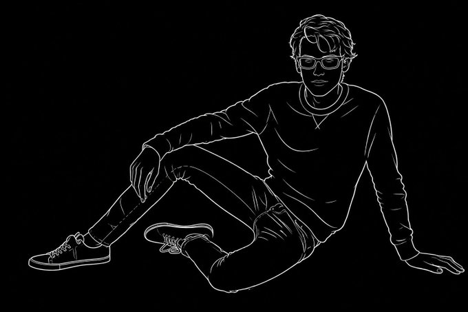 A black and white line art illustration of a young man wearing sunglasses and a turtleneck, sitting on the ground in a relaxed pose.