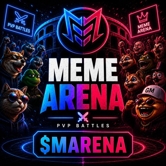 Promotional graphic for 'MEME ARENA PVP BATTLES' featuring the $MARENA token, with cartoon mascots including Doge and Pepe flanking a central arena logo against a neon-lit colosseum backdrop.