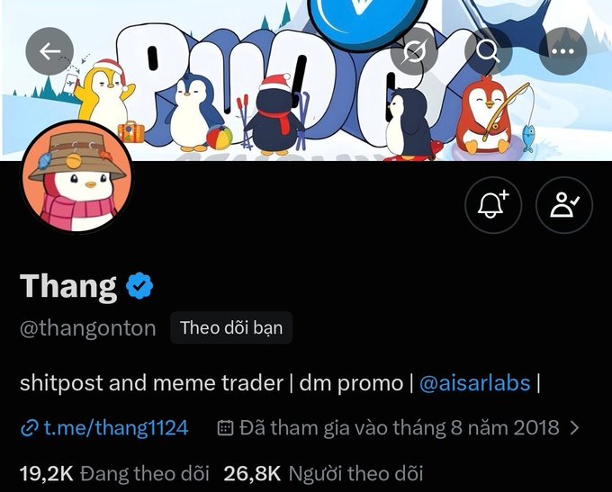 A Twitter/X profile for 'Thang' (@thangonton), a verified 'shitpost and meme trader' from @aisarlabs, showing 19.2K following and 26.8K followers, with a Pingu-themed banner.