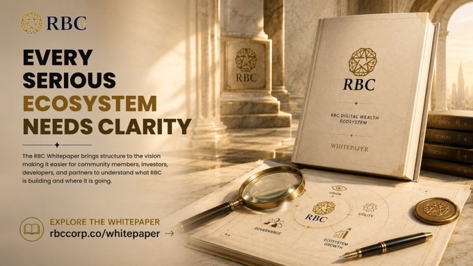 A promotional banner for the "RBC Whitepaper" displayed as an elegant leather-bound book alongside a magnifying glass and pen, with the bold headline "Every Serious Ecosystem Needs Clarity" and a call-to-action directing viewers to rbccorp.co/whitepaper. The accompanying post emphasizes how the whitepaper brings transparency to RBC Digital Wealth Ecosystem's vision, utility, governance, and technology—reinforcing the image's theme of using the whitepaper as a tool to bring clarity to the ecosystem.