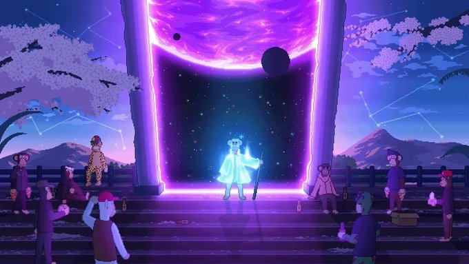 A digital illustration of a glowing portal scene where a glowing bear-like figure stands in the center, surrounded by people in a setting with cherry blossoms and a night sky.