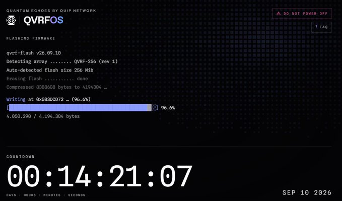 A QVRFOS firmware-flashing interface shows “qrvf-flash v26.09.10” at 96.6%, with a countdown reading 00:14:21:07 and the date Sep 10 2026.