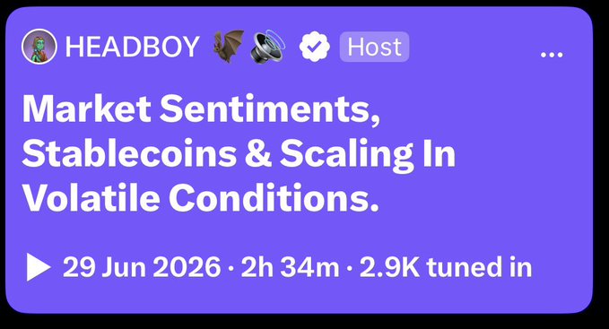 A purple Spaces event card hosted by 'HEADBOY' titled 'Market Sentiments, Stablecoins & Scaling In Volatile Conditions,' scheduled for 29 Jun 2026 with 2.9K tuned in.