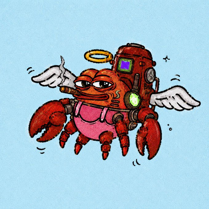 The image features a cartoon crab with wings, wearing pink overalls and holding a cigarette. The crab appears to be flying through the air against a blue background. There are also some text elements present in the image, including "blessed weekend fams $TACHI $base:0x39b4b879b8521d6a8c3a87cda64b969327b7fba3". This suggests that the image might be related to a post or social media account dedicated to comic book characters, specifically featuring a crab as its main subject.