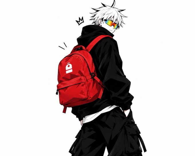An anime-style illustration shows a figure with spiky white hair wearing sunglasses, a black hoodie, and black cargo pants, carrying a bright red backpack.