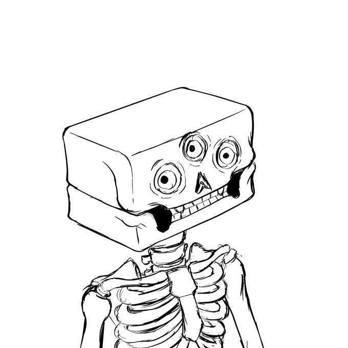 A black and white sketch depicts a creepy, cartoonish skeleton figure with a box-shaped head featuring wide, staring eyes and a toothy grin.