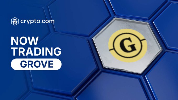 A promotional graphic with a blue hexagonal honeycomb background features the Crypto.com logo and the text "NOW TRADING GROVE" alongside a yellow token displaying the letter "G," announcing that Grove ($GROVE) is now available for trading on the Crypto.com App.