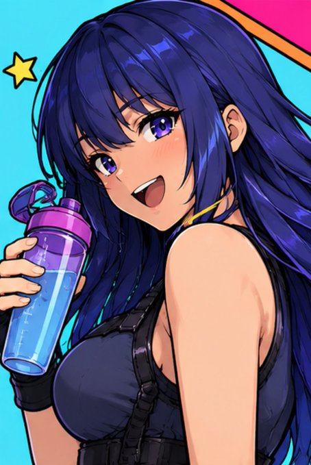 Anime-style illustration of a smiling girl with long dark blue hair and purple eyes, holding a blue water bottle, set against a bright blue and pink background with a yellow star.