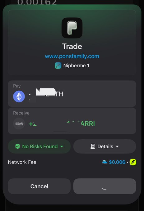 A cryptocurrency trade interface on ponsfamily.com is shown, where the user is preparing to swap [redacted] ETH for $GARRI tokens via Nipherme 1, with a network fee of $0.006 and a "No Risks Found" warning displayed. The image supports the post's bullish sentiment by capturing an active purchase of $GARRI, visually reinforcing the call to send its price higher.