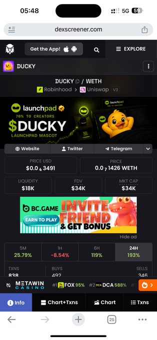A mobile screenshot from DexScreener showing the $DUCKY token paired with WETH on Robinhood/Uniswap V3, with a current price of $0.03491 (0.01426 WETH), $34K market cap, and a 193% gain in the last 24 hours. The page features a launchpad mascot of an animated yellow duck, directly matching the post's reference to a "Ducky" mascot tied to a launchpad (#LPAD).