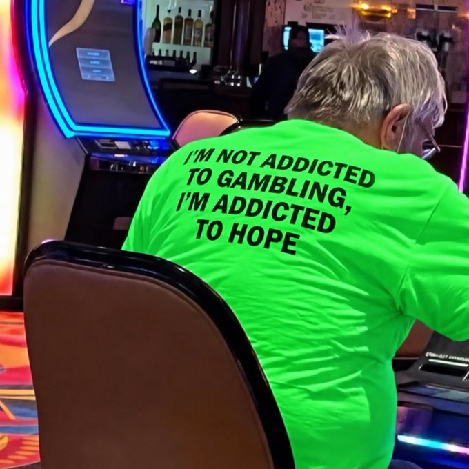 A person in a bright neon green shirt sits at a casino slot machine, with the text on their back reading "I'M NOT ADDICTED TO GAMBLING, I'M ADDICTED TO HOPE," capturing the self-aware irony of chasing wins that may never come.