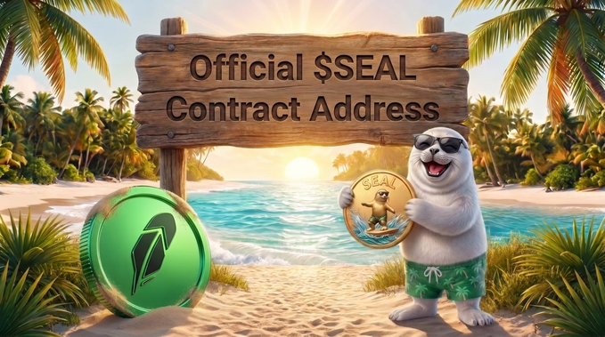 A cartoon seal wearing sunglasses holds a $SEAL coin on a sunny beach beneath a wooden sign reading "Official $SEAL Contract Address," with a green logo beside it. The illustration visually reinforces the post's warning by promoting the only official contract address (0xDf608a65311f36242A5cc5Fa056B9Ae43dB55EA1) on Robinhood Chain and cautioning against fraudulent DMs.