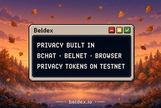 A pixel-art style window graphic advertises 'Beldex' with the text 'PRIVACY BUILT IN BCHAT • BELNET • BROWSER PRIVACY TOKENS ON TESTNET' and the URL 'beldex.io' over an autumn lake landscape.