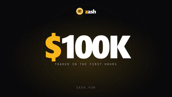 A Zash ($ZASH) promotional graphic highlights $100K traded in the first hours, directing viewers to ZASH.FUN.