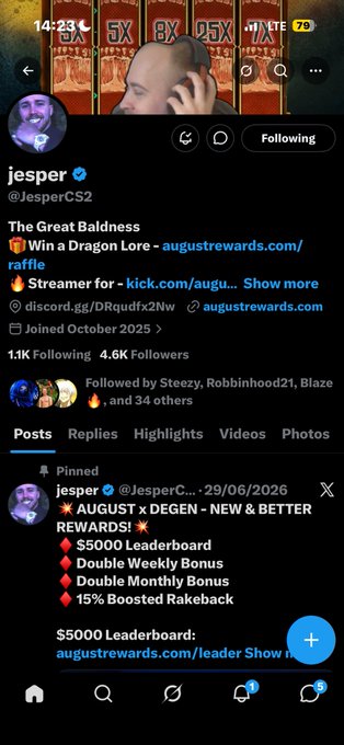 A Twitter/X profile for 'jesper @JesperCS2', showing a bio with 'The Great Baldness', 'Streamer for kick.com/augu...', and a pinned tweet about '$5000 Leaderboard' rewards.
